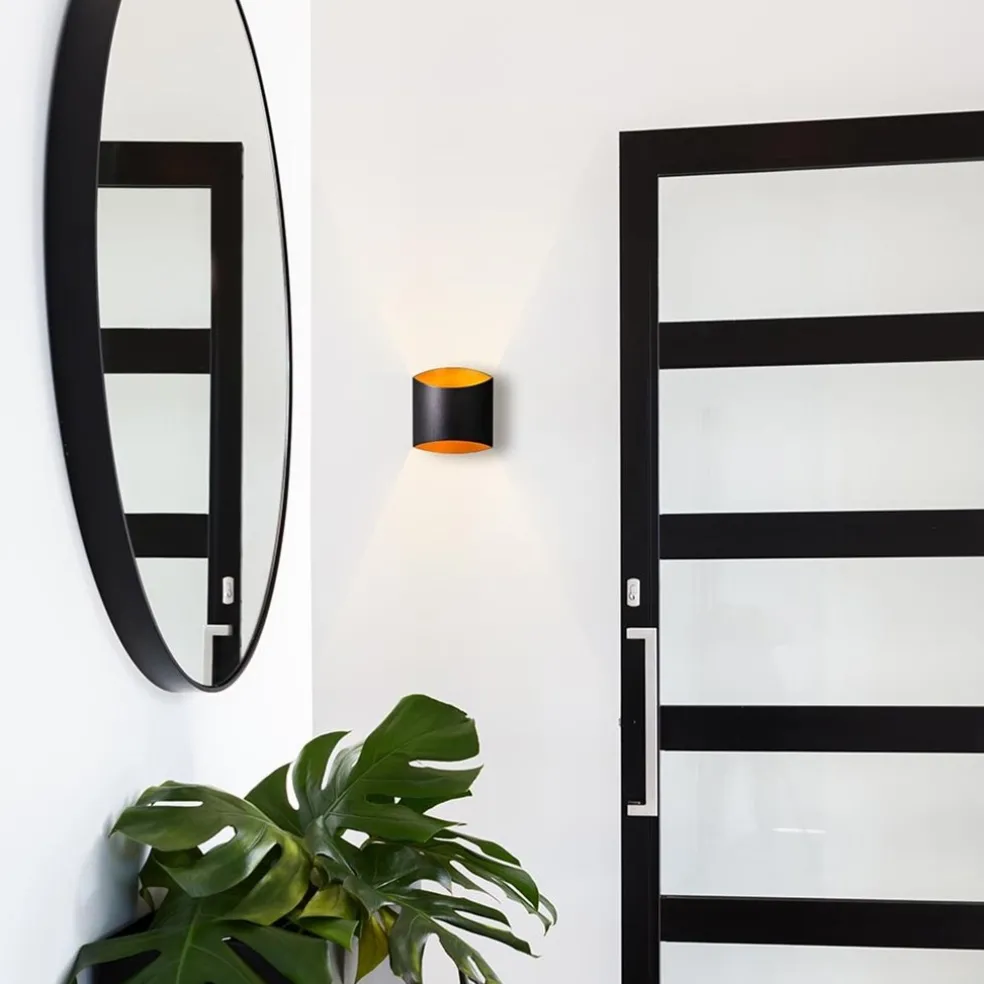 Rechthoekige wandlamp mat zwart met goud