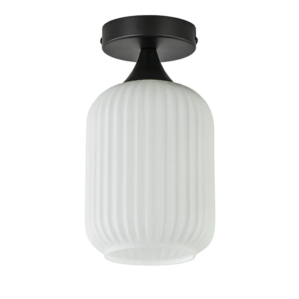 Retro plafondlamp zwart met wit glas