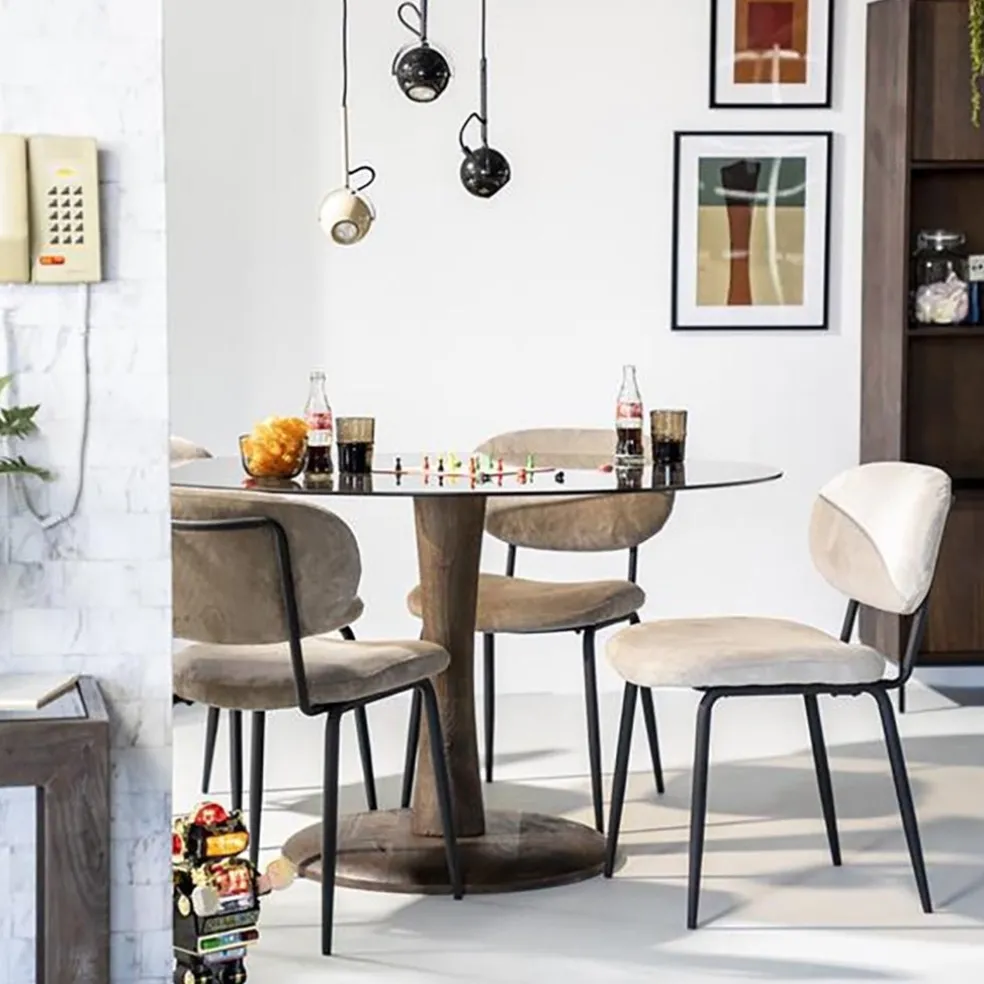 Ronde eetkamertafel bruin glas met mango houten poot