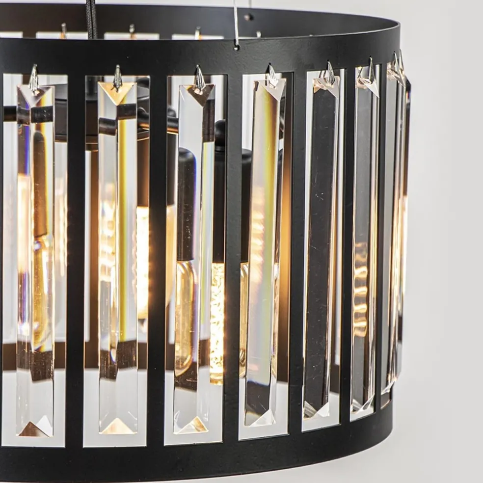 Ronde hanglamp mat zwart met kristalglas