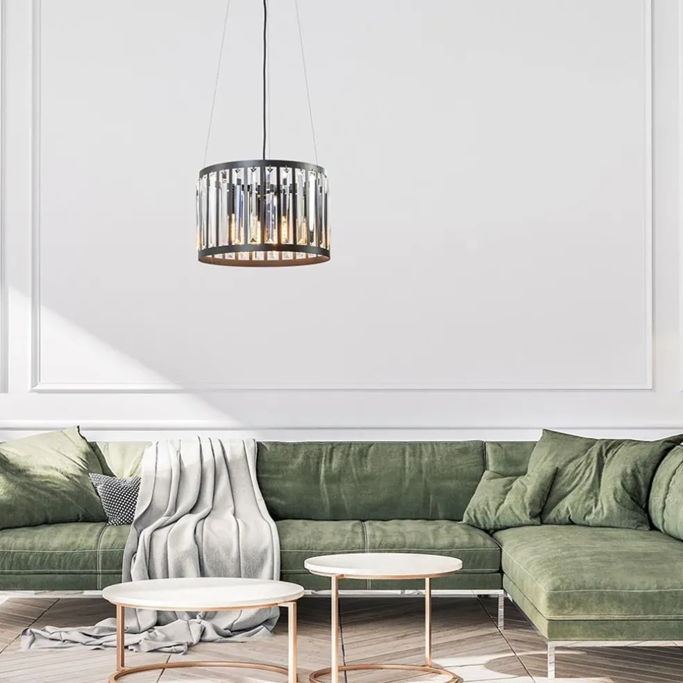 Ronde hanglamp mat zwart met kristalglas