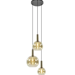 Ronde hanglamp zwart/goud met amber glas