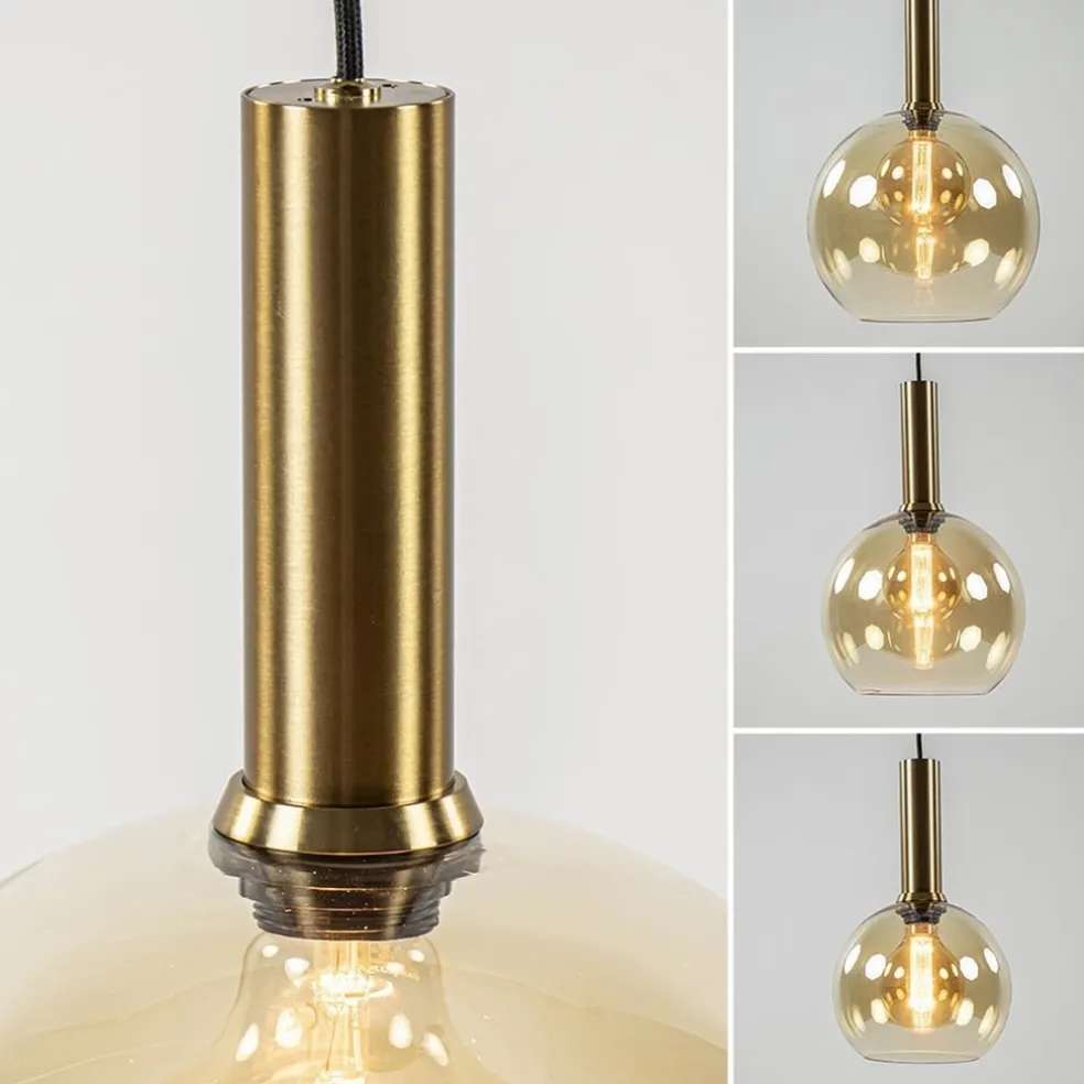 Ronde hanglamp zwart/goud met amber glas