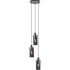 Ronde 3-lichts hanglamp met cilinder smoke glas