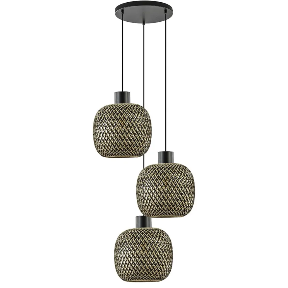 Ronde 3-lichts hanglamp zwart met bamboe kappen