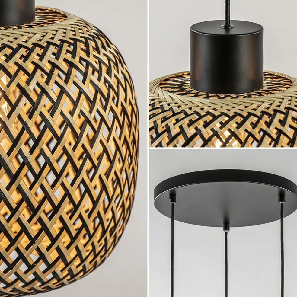 Ronde 3-lichts hanglamp zwart met bamboe kappen
