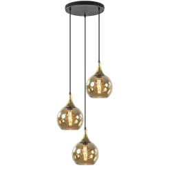 Ronde 3-lichts hanglamp zwart met goud en amber glas