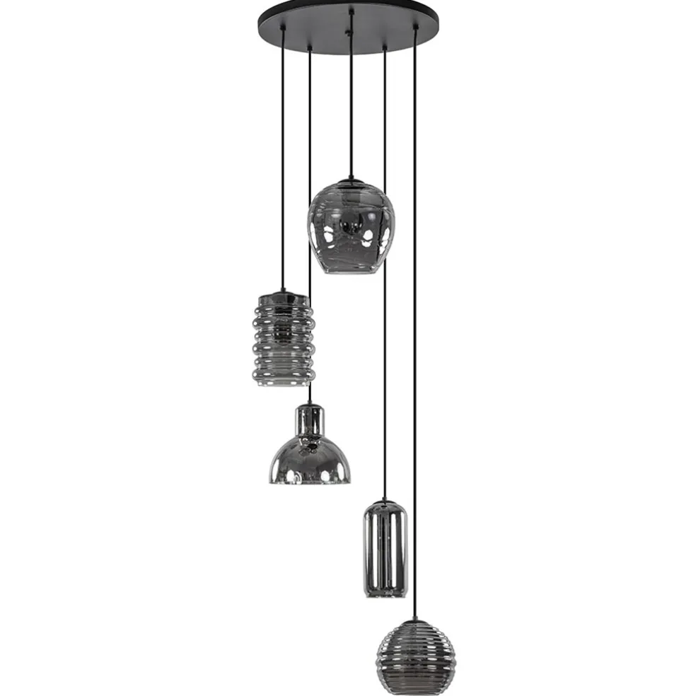 Ronde 5-lichts hanglamp zwart met diverse smoke glazen