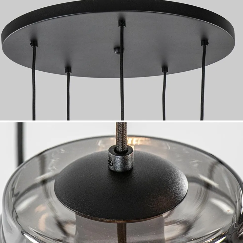 Ronde 5-lichts hanglamp zwart met diverse smoke glazen