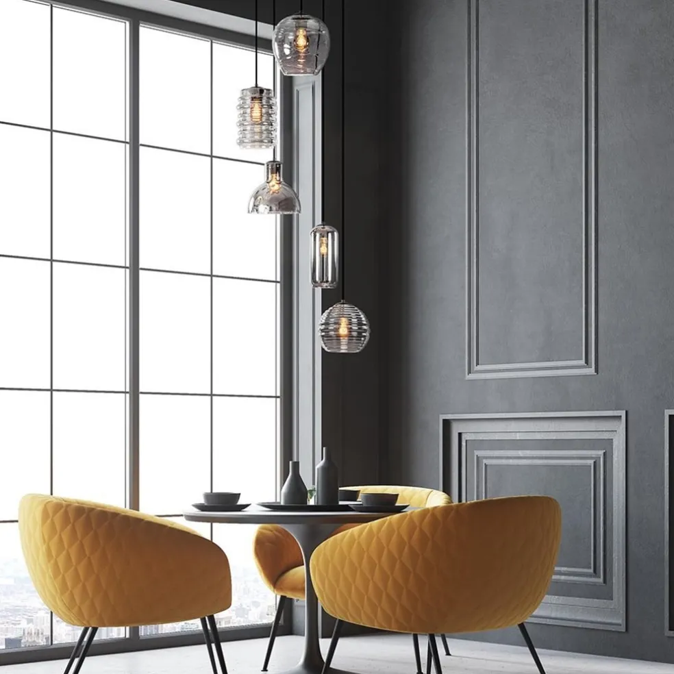 Ronde 5-lichts hanglamp zwart met diverse smoke glazen