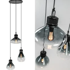 Ronde 3-lichts hanglamp zwart met smoke/helder glas