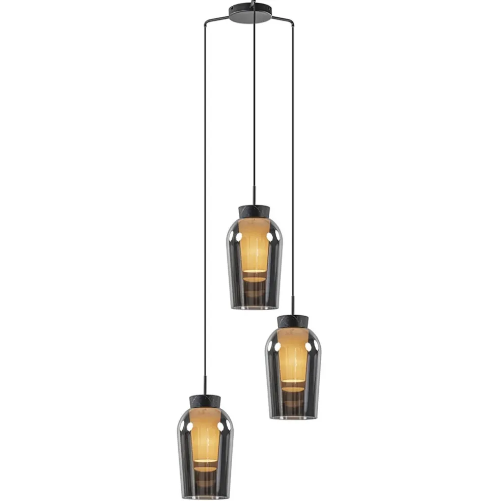 Ronde 3-lichts hanglamp zwart/marmer met smoke glas