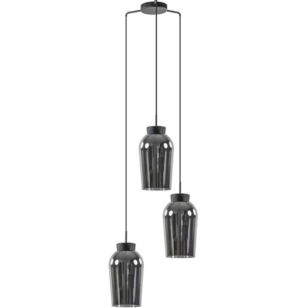 Ronde 3-lichts hanglamp zwart/marmer met smoke glas
