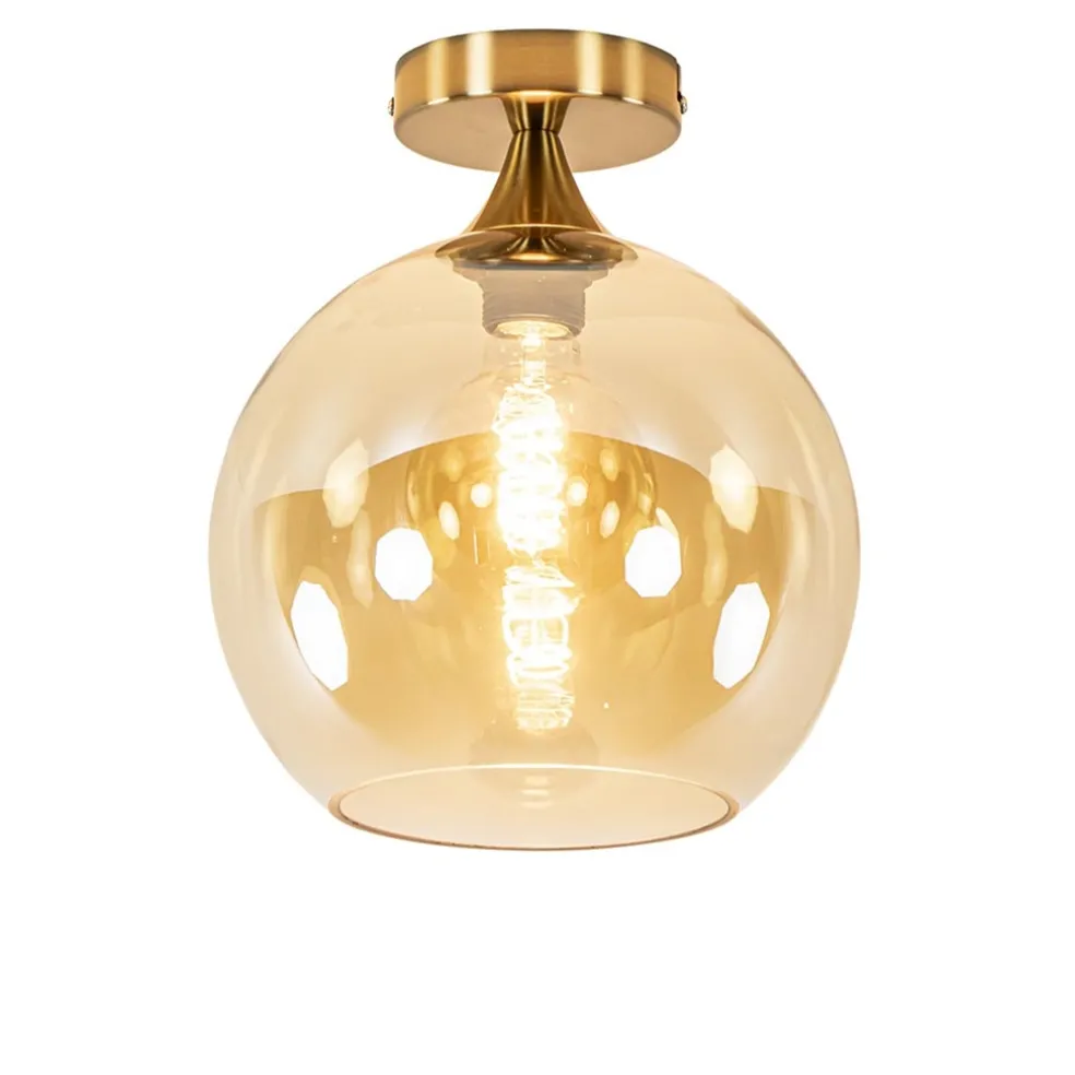Ronde plafondlamp goud met amber glas