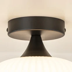 Ronde plafondlamp retro zwart met wit glas