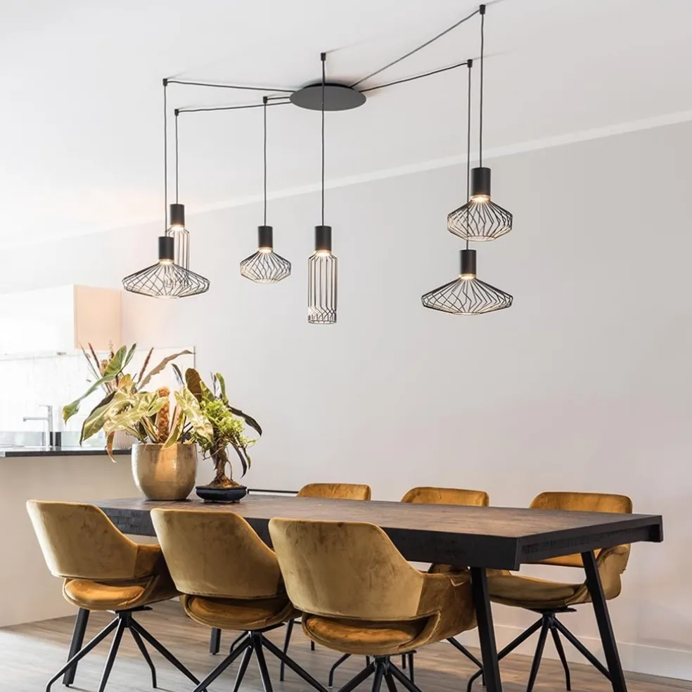 Samengestelde 6-lichts hanglamp spin met zwarte kappen