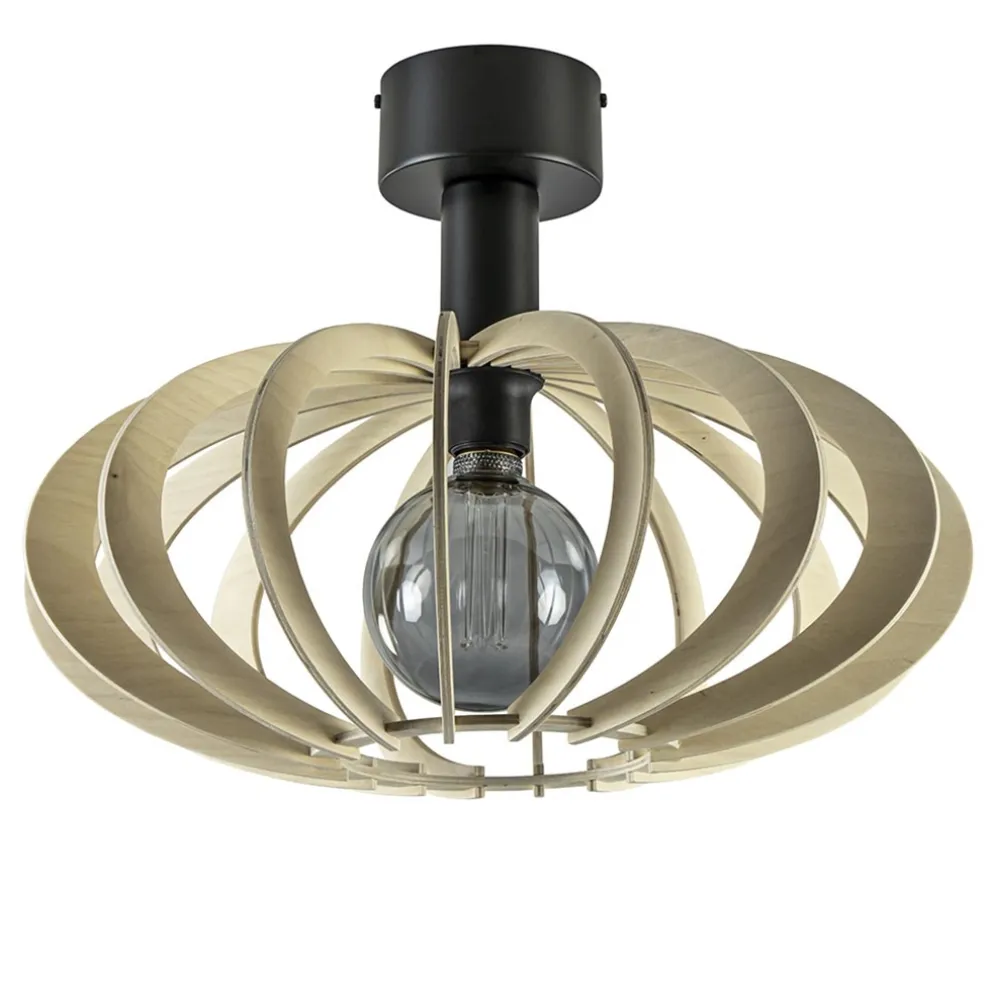 Scandinavische plafondlamp mat zwart met houten kap