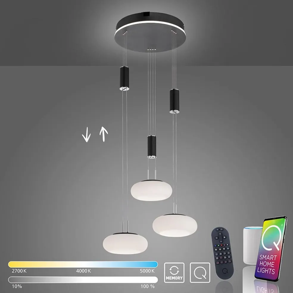 Smart hanglamp rond 3-lichts dimbaar zwart/opaal