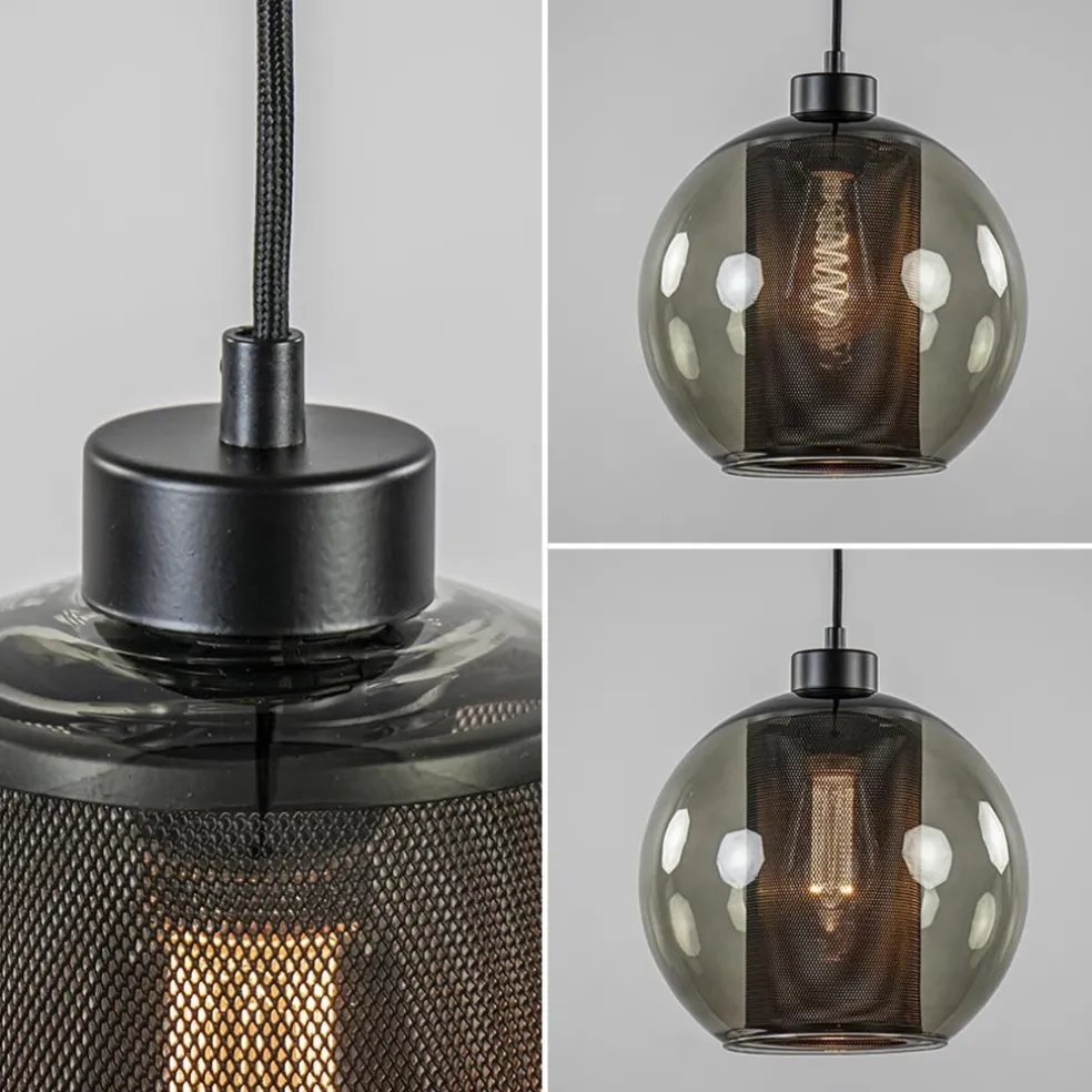 Smoke glazen hanglamp bol met zwarte gaas cilinder