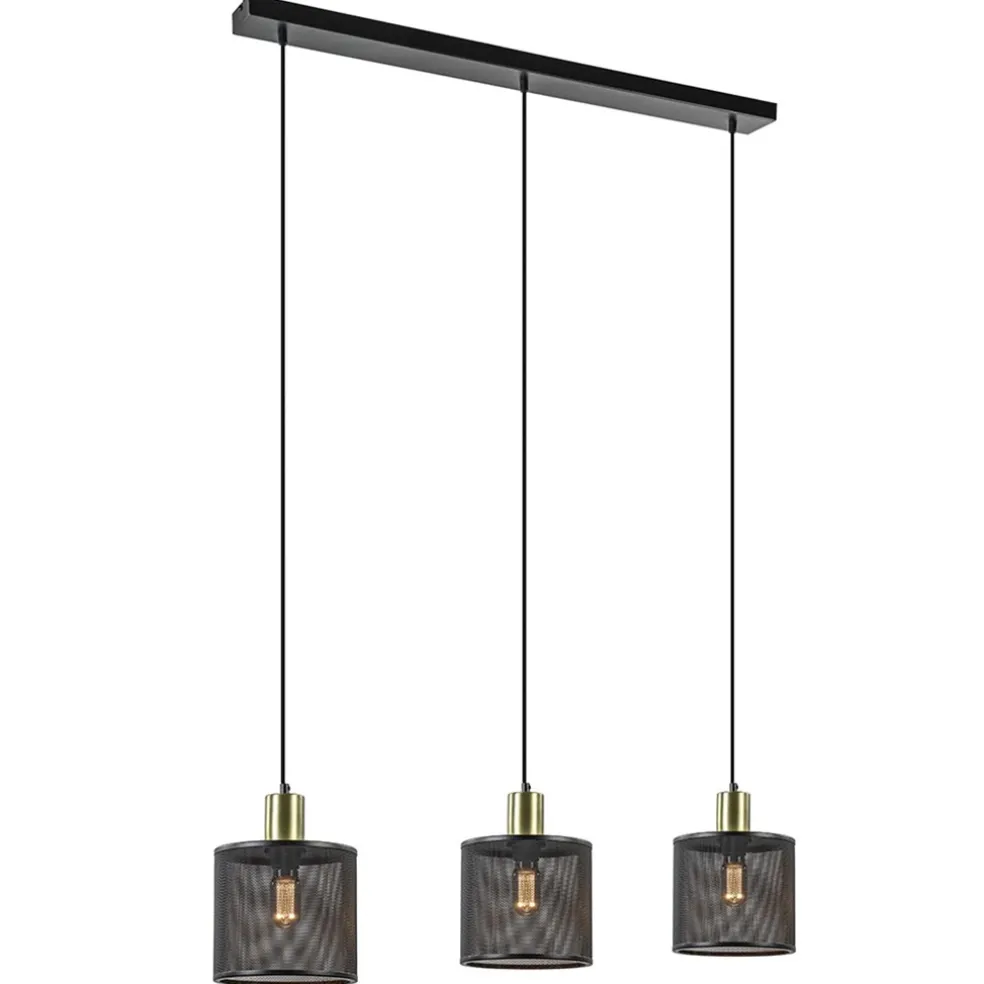 Stoere 3-lichts hanglamp mat zwart met goud