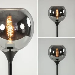 Tafellamp mat zwart met 20 cm smoke glazen bol