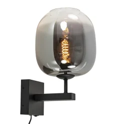 Trendy wandlamp zwart met smoke glazen kap en snoer