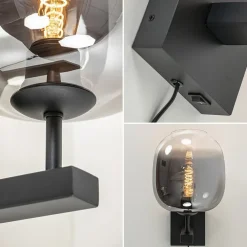 Trendy wandlamp zwart met smoke glazen kap en snoer