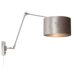 Verstelbare wandlamp staal met velourse kap zilver