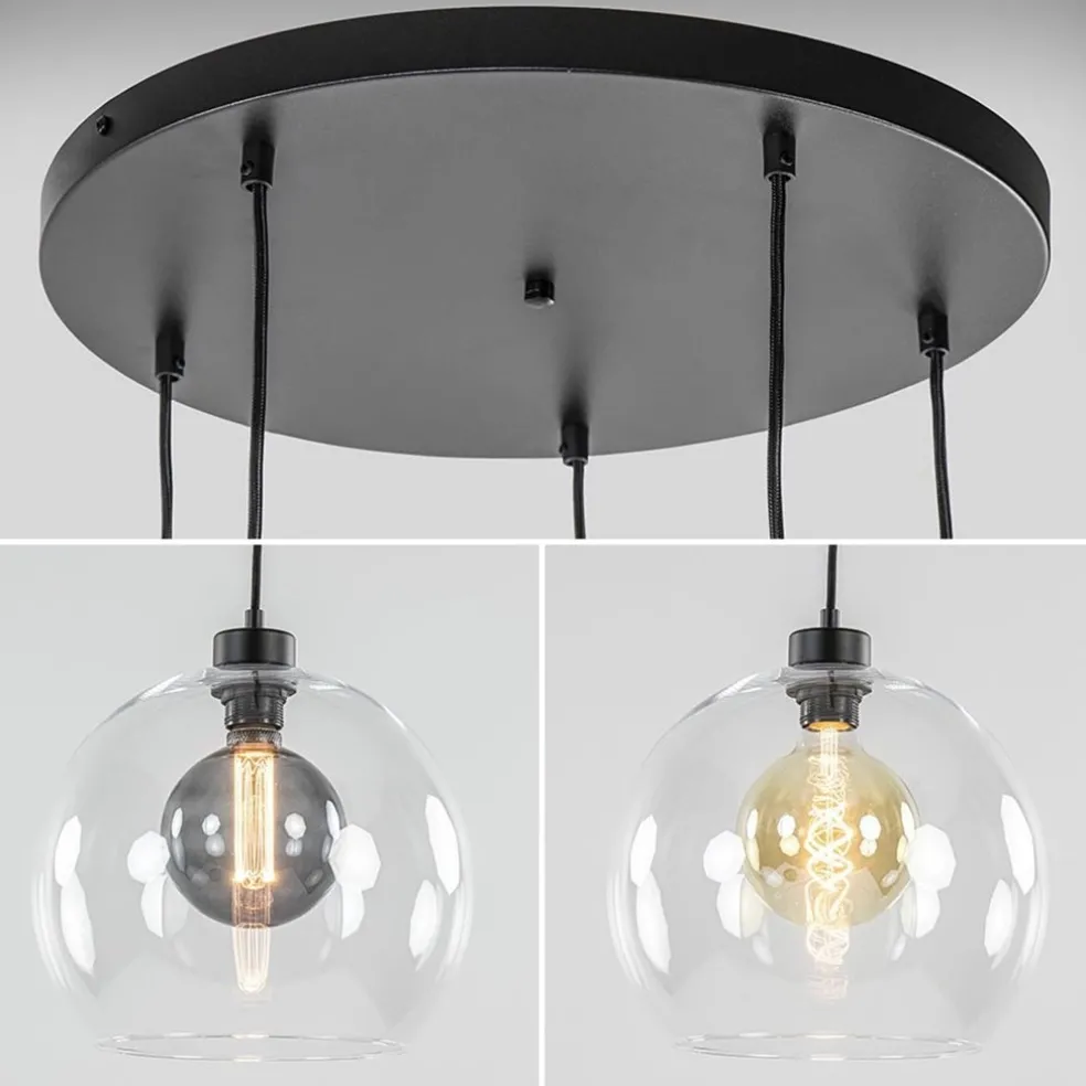 Videlamp / multipendel zwart met 5 helder glazen bollen