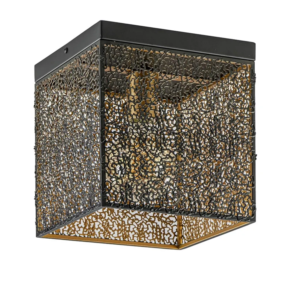Vierkante plafondlamp zwart met gouden binnenzijde