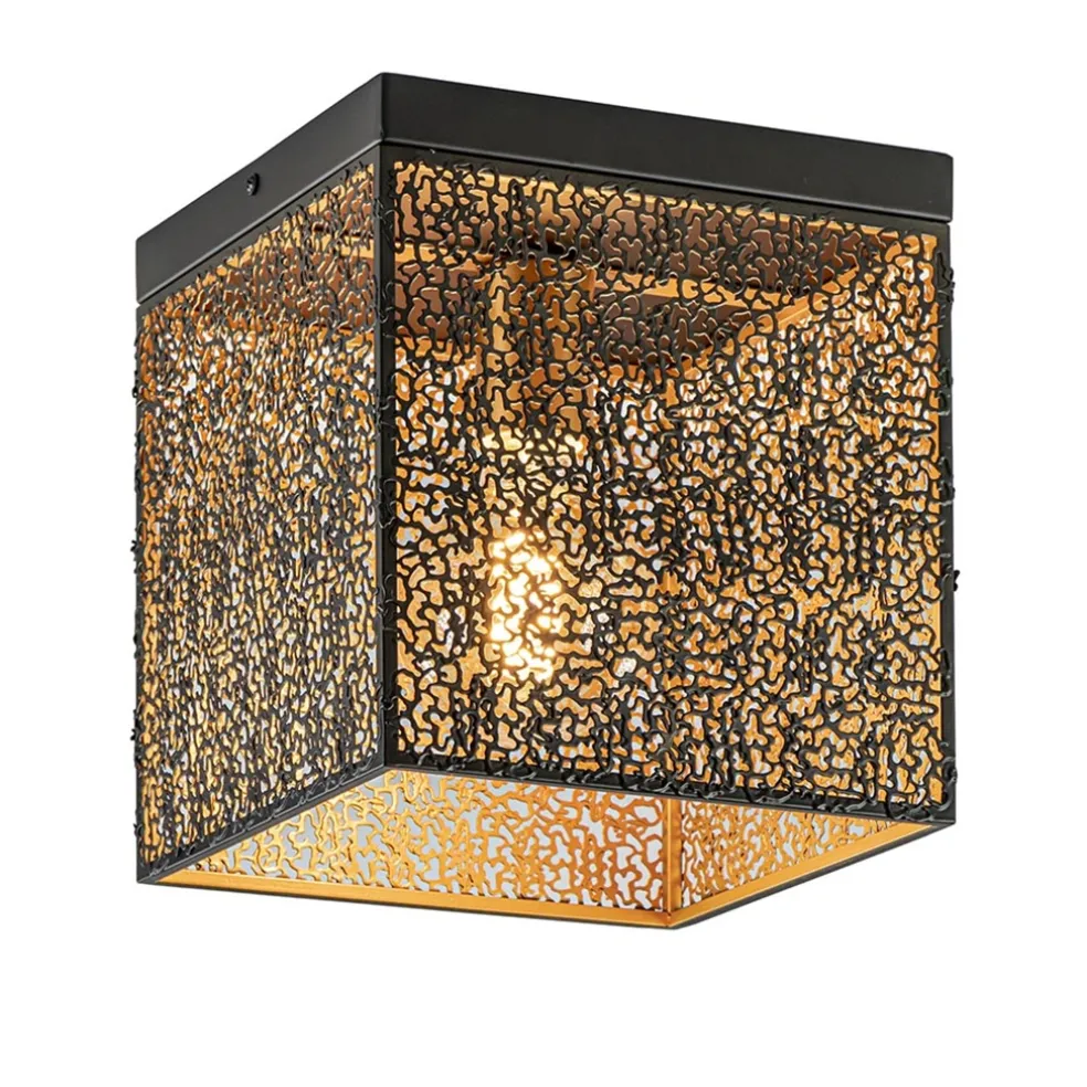 Vierkante plafondlamp zwart met gouden binnenzijde