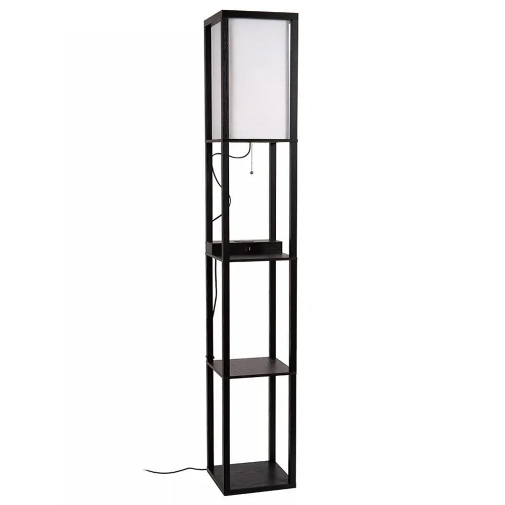 Vierkante vloerlamp zwart met beige kap en oplaadplatform