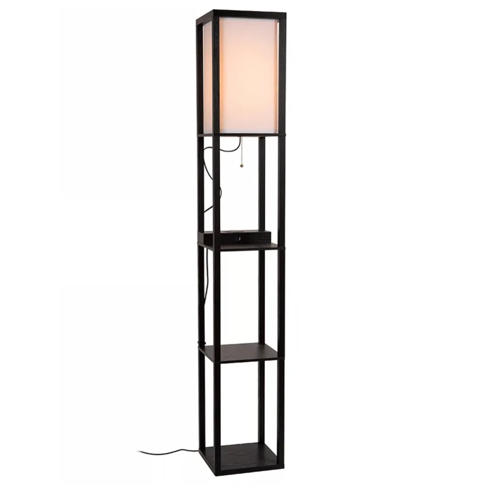 Vierkante vloerlamp zwart met beige kap en oplaadplatform