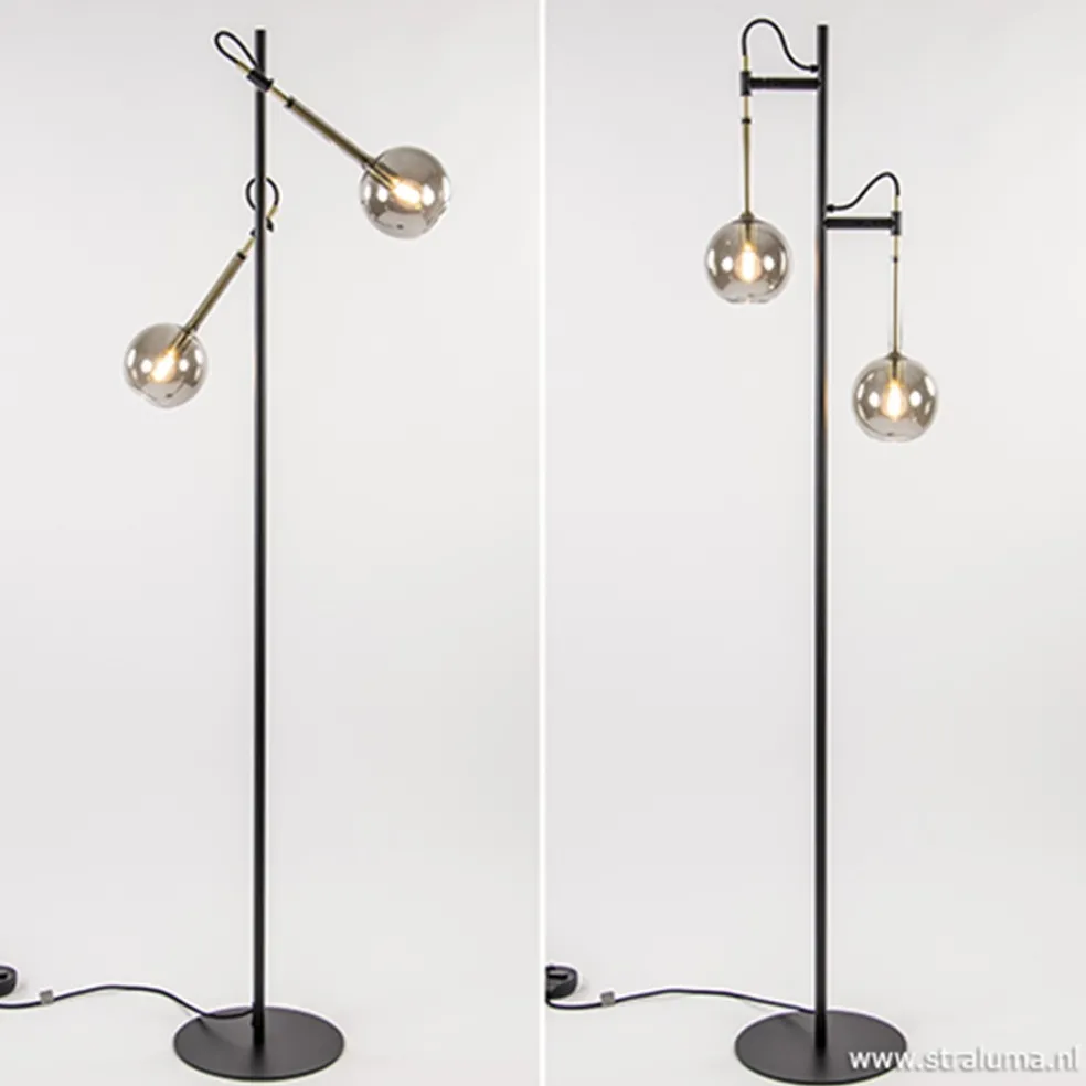 Vloerlamp Globe 2-L zwart/goud smokeglas