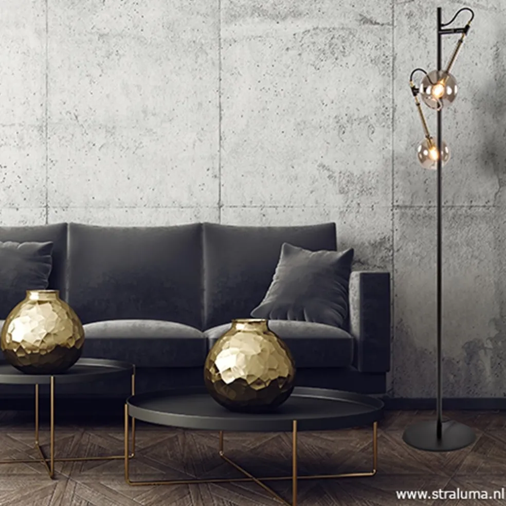 Vloerlamp Globe 2-L zwart/goud smokeglas