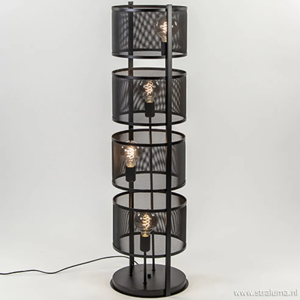 Vloerlamp 4L cilinder gaas zwart