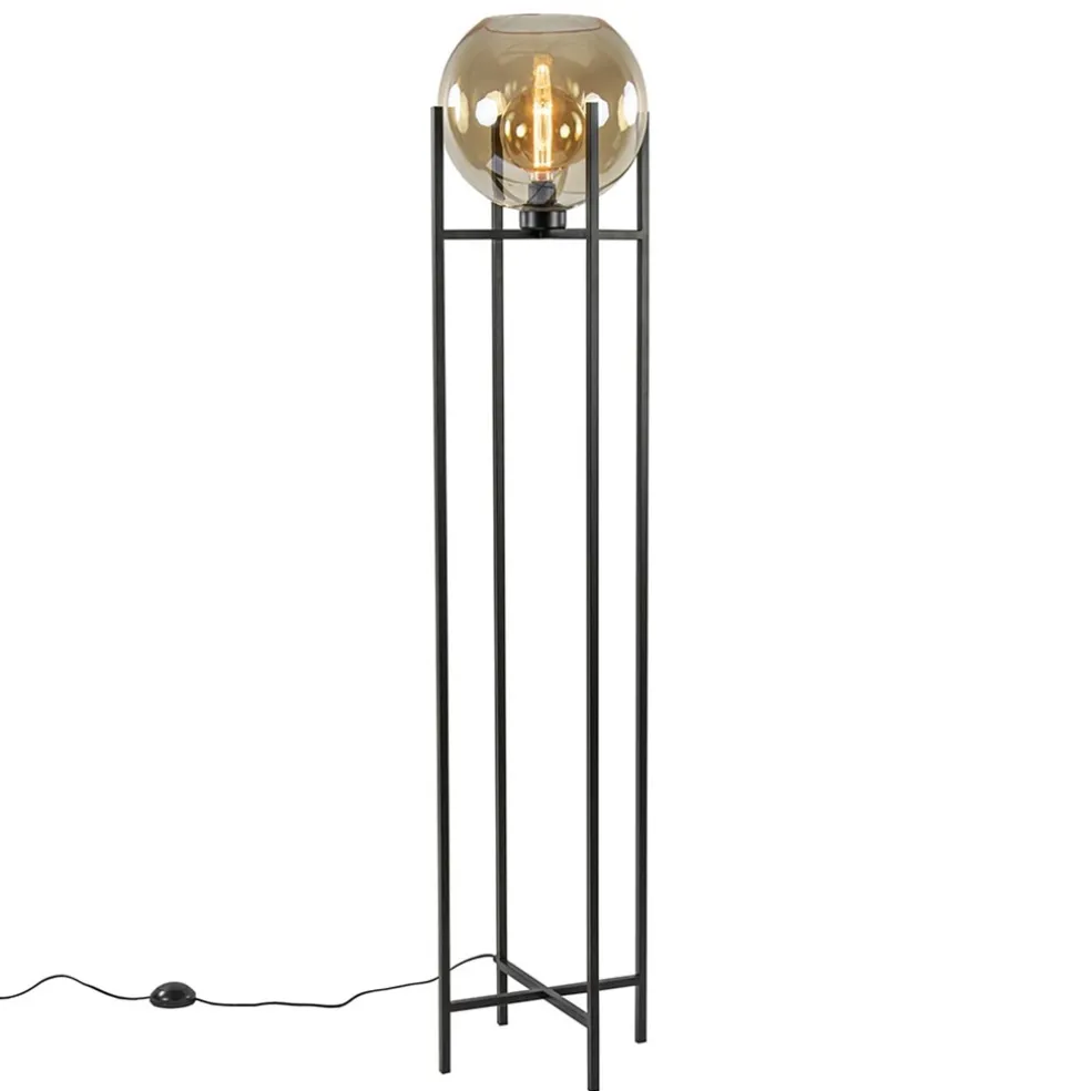 Vloerlamp zwart + amber glazen bol
