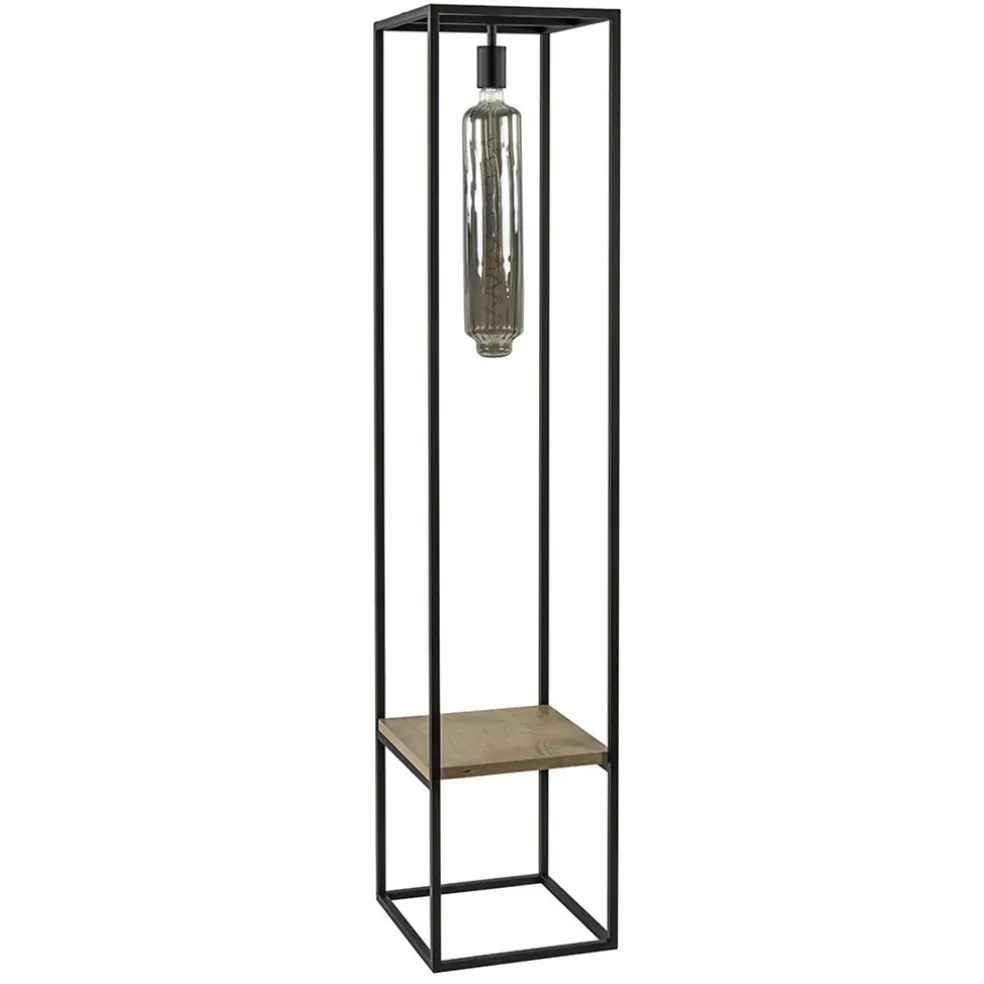 Vloerlamp zwart frame met houten plank