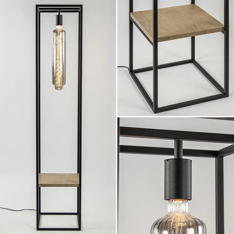 Vloerlamp zwart frame met houten plank