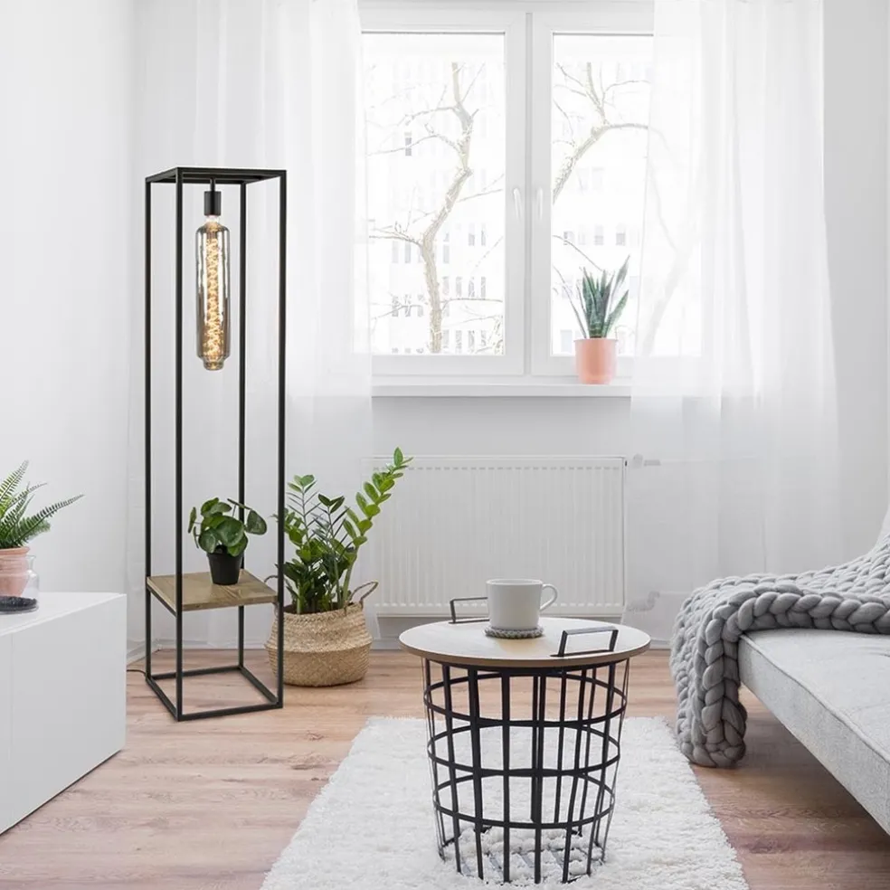 Vloerlamp zwart frame met houten plank