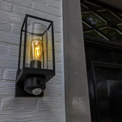 Zwarte buitenlamp rechthoek met glas en camera